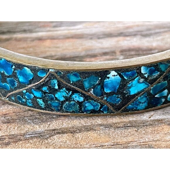 Vintage 1960s Crushed Blue Turquoise India Brass Bangle Bracelets - Picture 11 of 14
